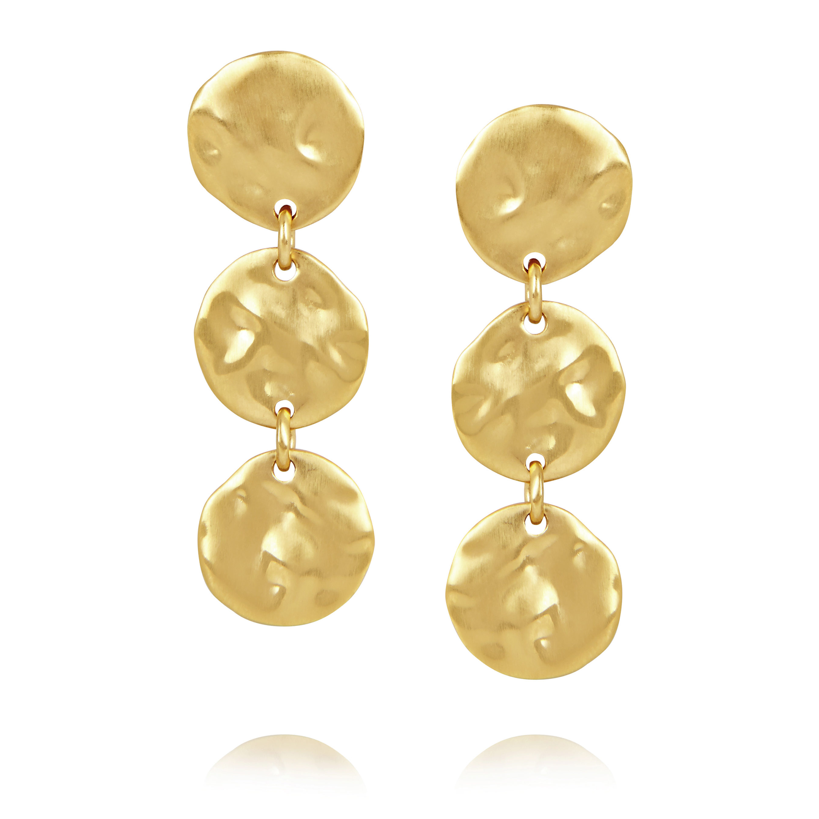 Hammered Yellow Gold Disc Triple Drop Earrings Van Peterson London