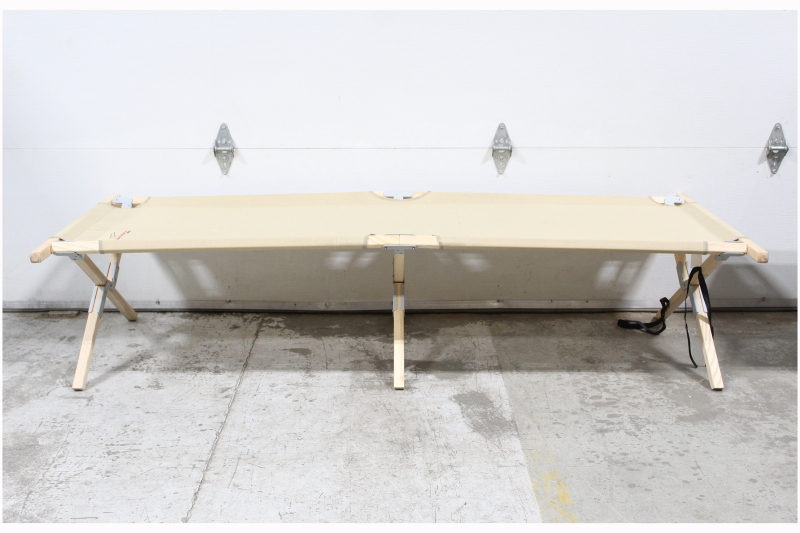 bed cot folding camp military cot beige canvas wood frame 2 end pcs come off when folded must be