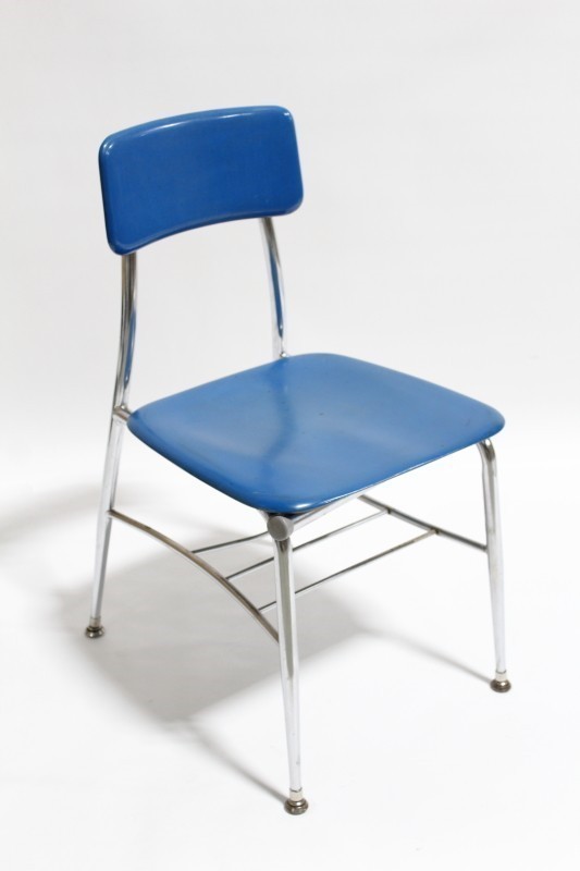 chair stackable vintage plain seat back metal legs plastic blue