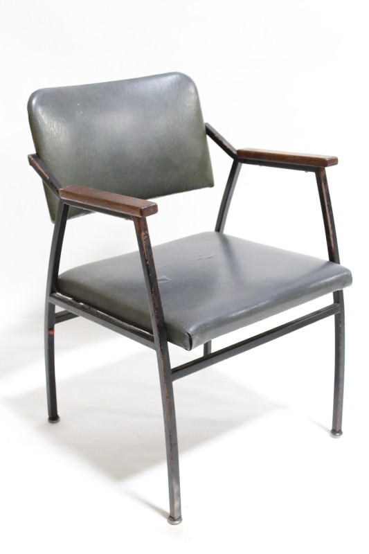 chair client vintage grey vinyl seat aged black metal frame wood arms