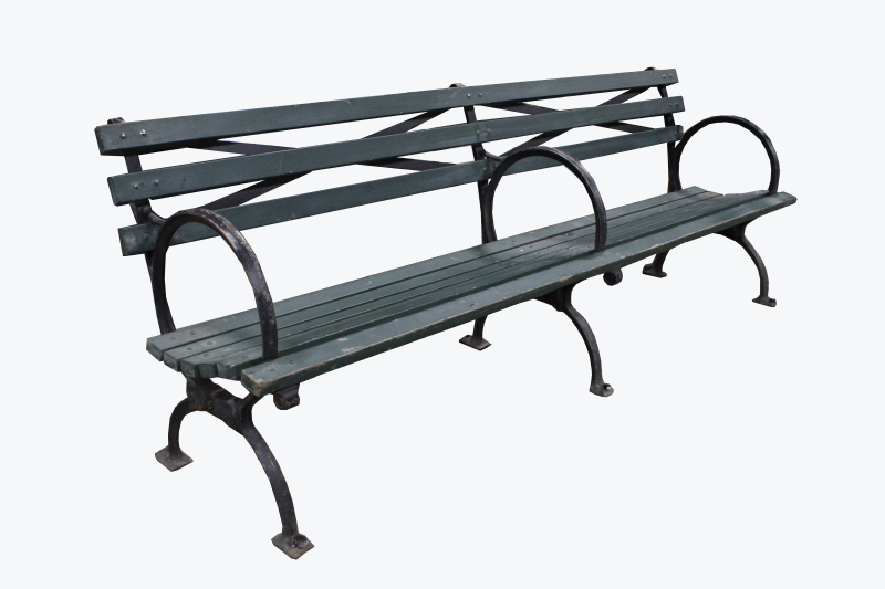 bench slat back city park wood slats curved cast iron sides bolt down