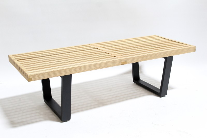 bench misc modern spaced slats black metal connected legs natural finish wood brown VanProp.ca