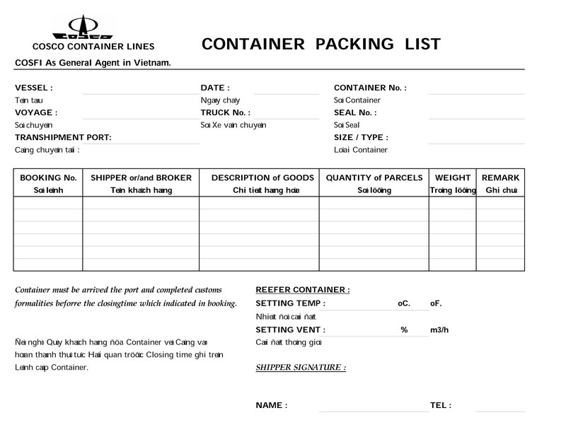 Container Packing list của hảng tàu 2022
