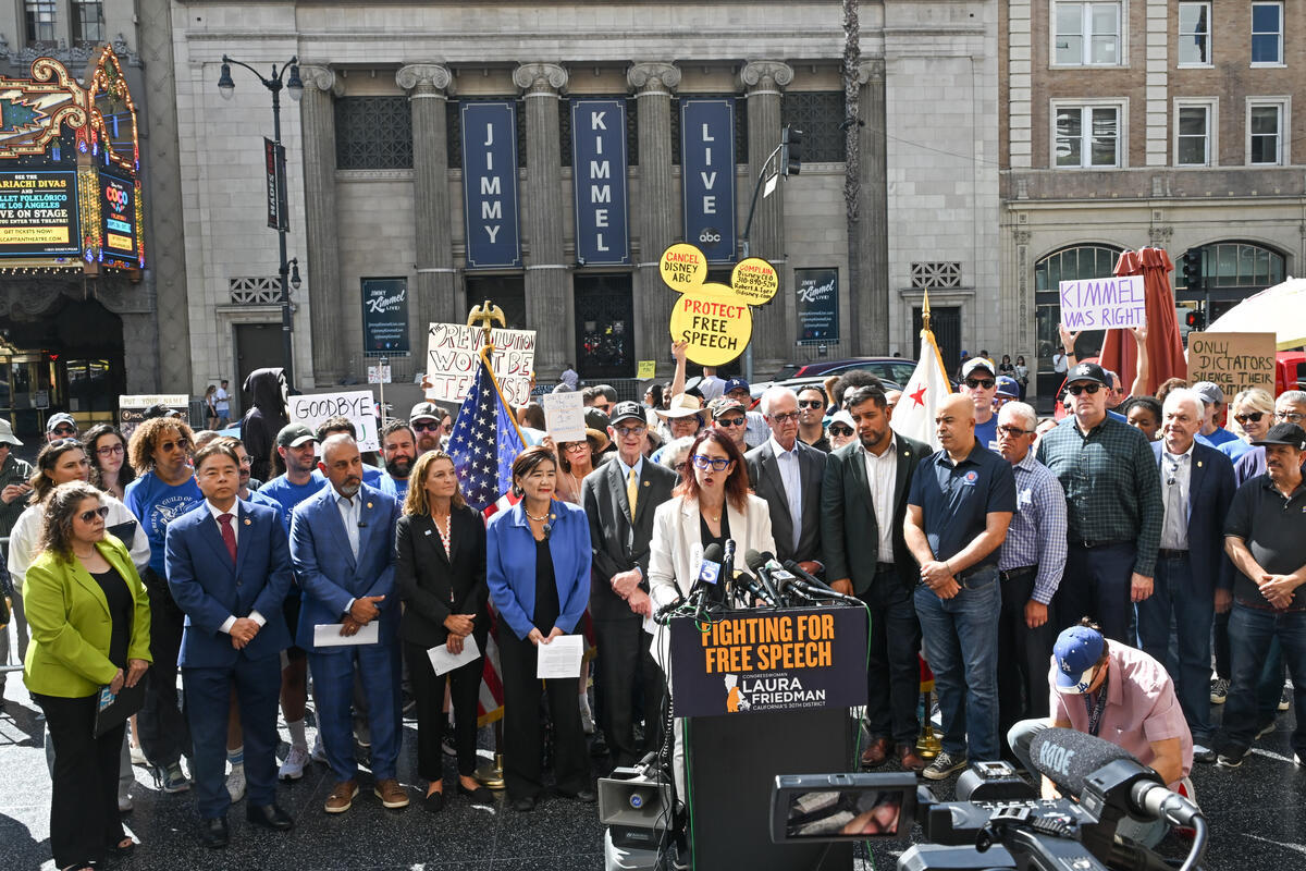 Politicians, Guild Leaders Rally Outside ‘Jimmy Kimmel Live’ Studio, Urge Media Companies Not to Bow to Trump and FCC Pressure