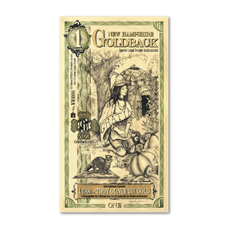 1 New Hampshire Goldback Currency 1/1000 oz (24K) Pack of 1000 Gold