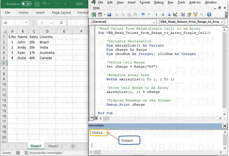 VBA Read Values from Range to an Array in Excel with Examples VBAF1