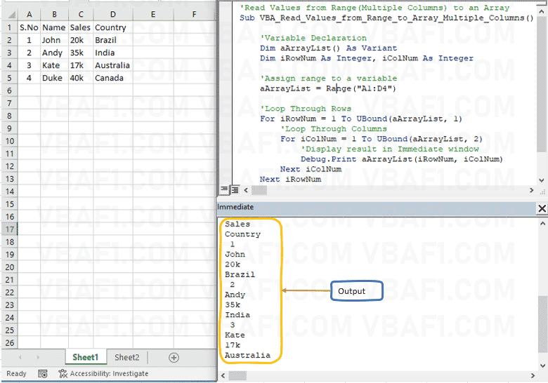 VBA Read Values from Range to an Array in Excel with Examples VBAF1