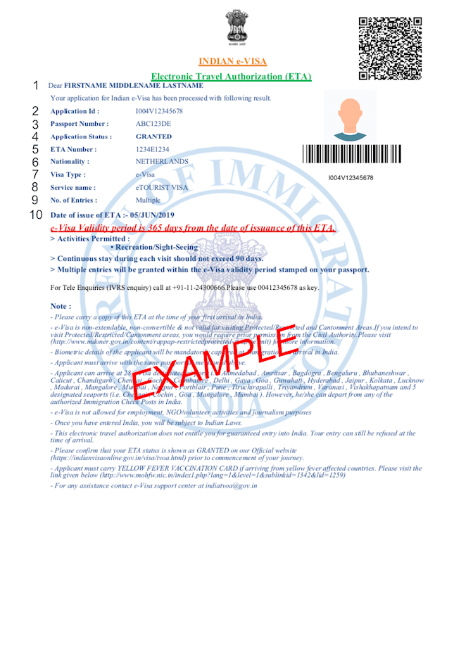Example Indian visa