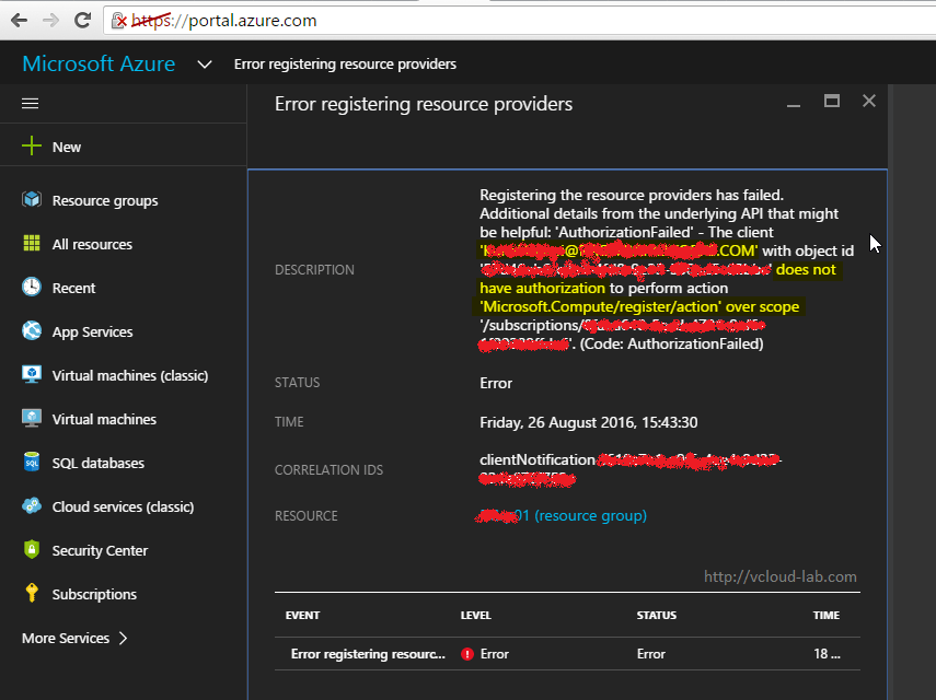 MICROSOFT AZURE ERROR REGISTERING RESOURCE PROVIDERS CODE AUTHORIZATION