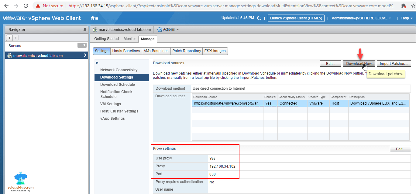 Configure the VMWare Update Manager Proxy Settings using vSphere Web