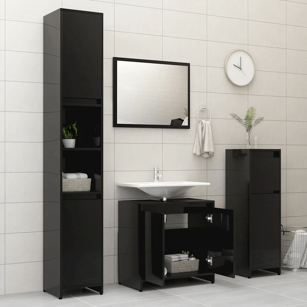 Bathroom Furniture Set High Gloss Black Engineered Wood Low Cost