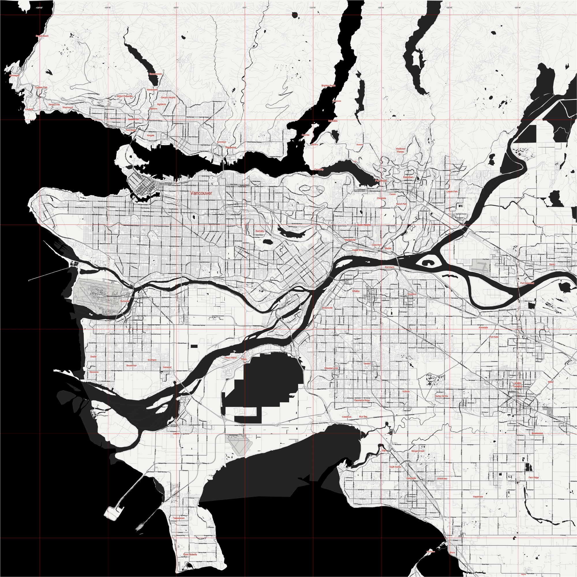 Vancouver Canada Map Vector City Plan Low Detailed (simple BLANK BLACK version) Street Map