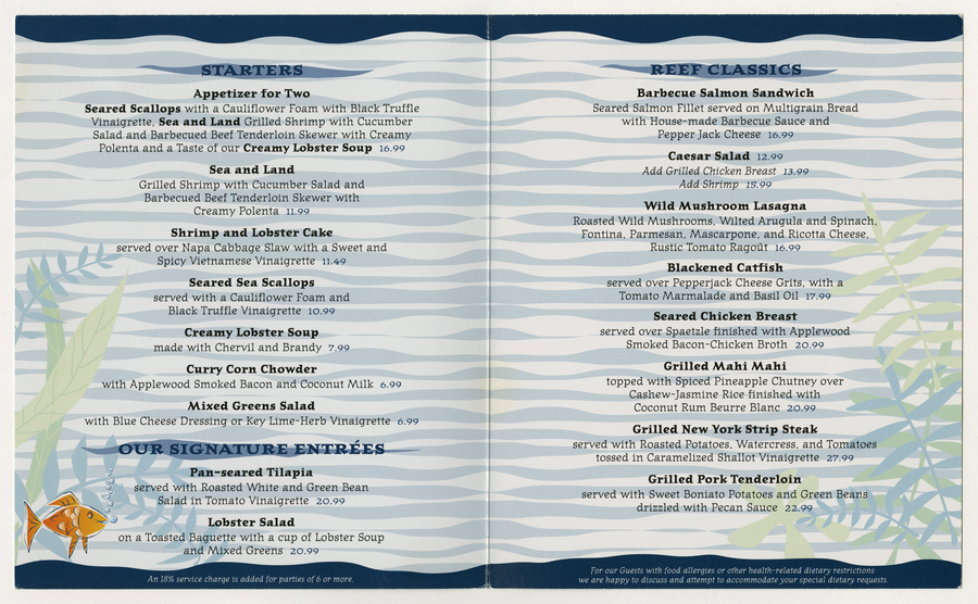 Collection of Coral Reef Restaurant Menu ID augdismenu20347 Van