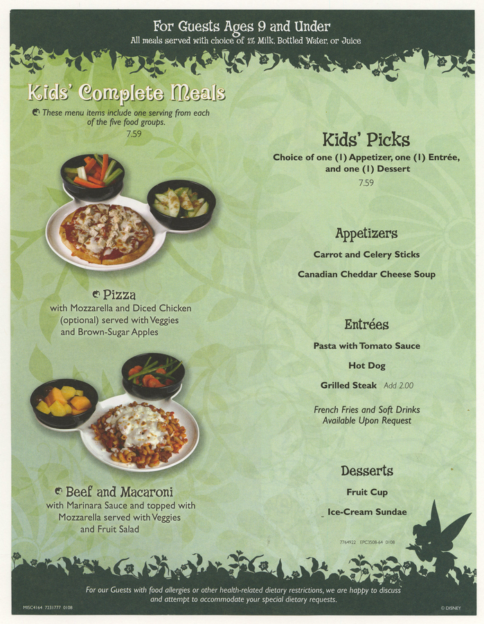 Collection of Disney Restaurant Kids Menus ID augdismenu20377 Van