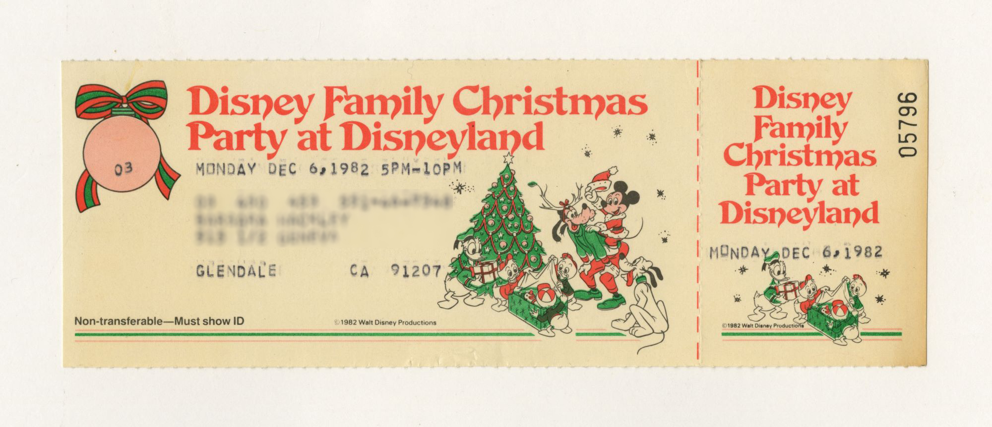 1982 Disney Family Christmas Party at Disneyland Ticket ID may22276