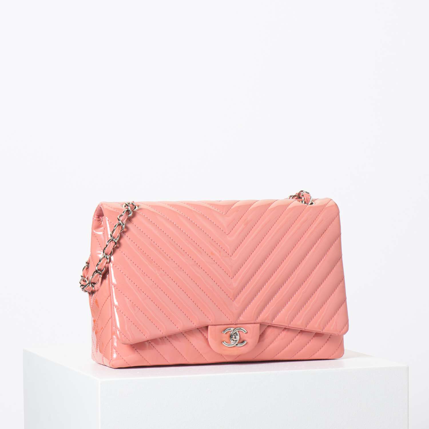 A Chanel Pink Chevron Quilted Patent Leather Maxi Classic Single Flap