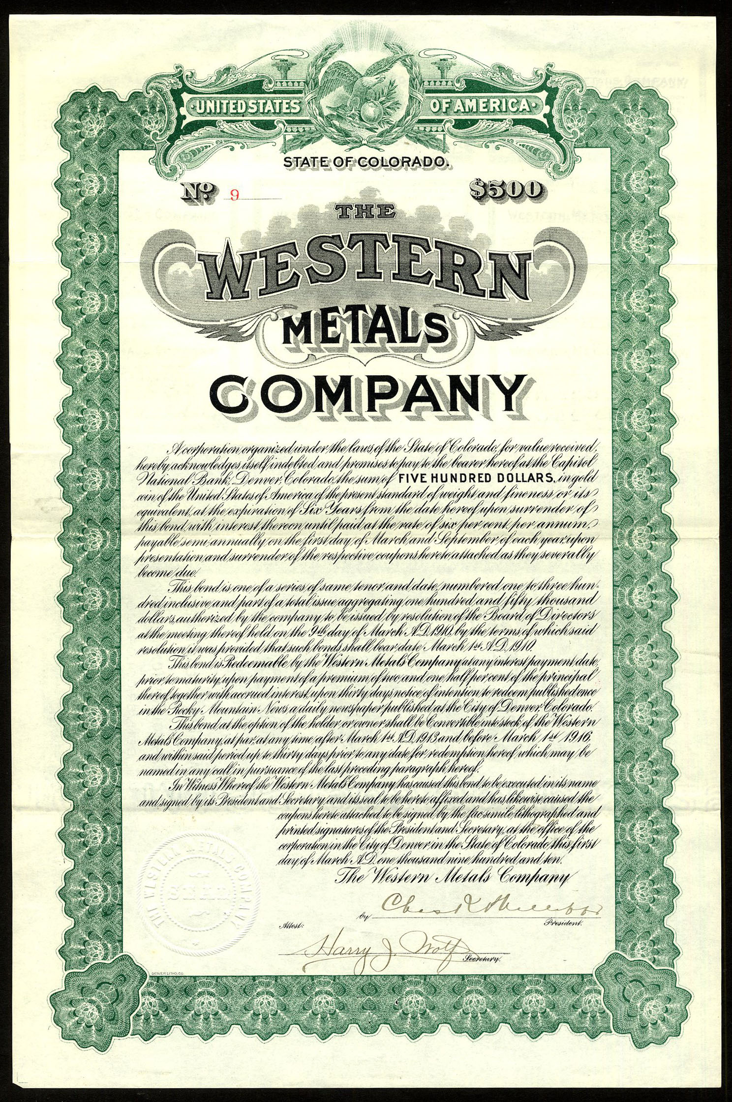 USA Western Metals Co., Colorado, 500 bond, 1910, 300 issued M
