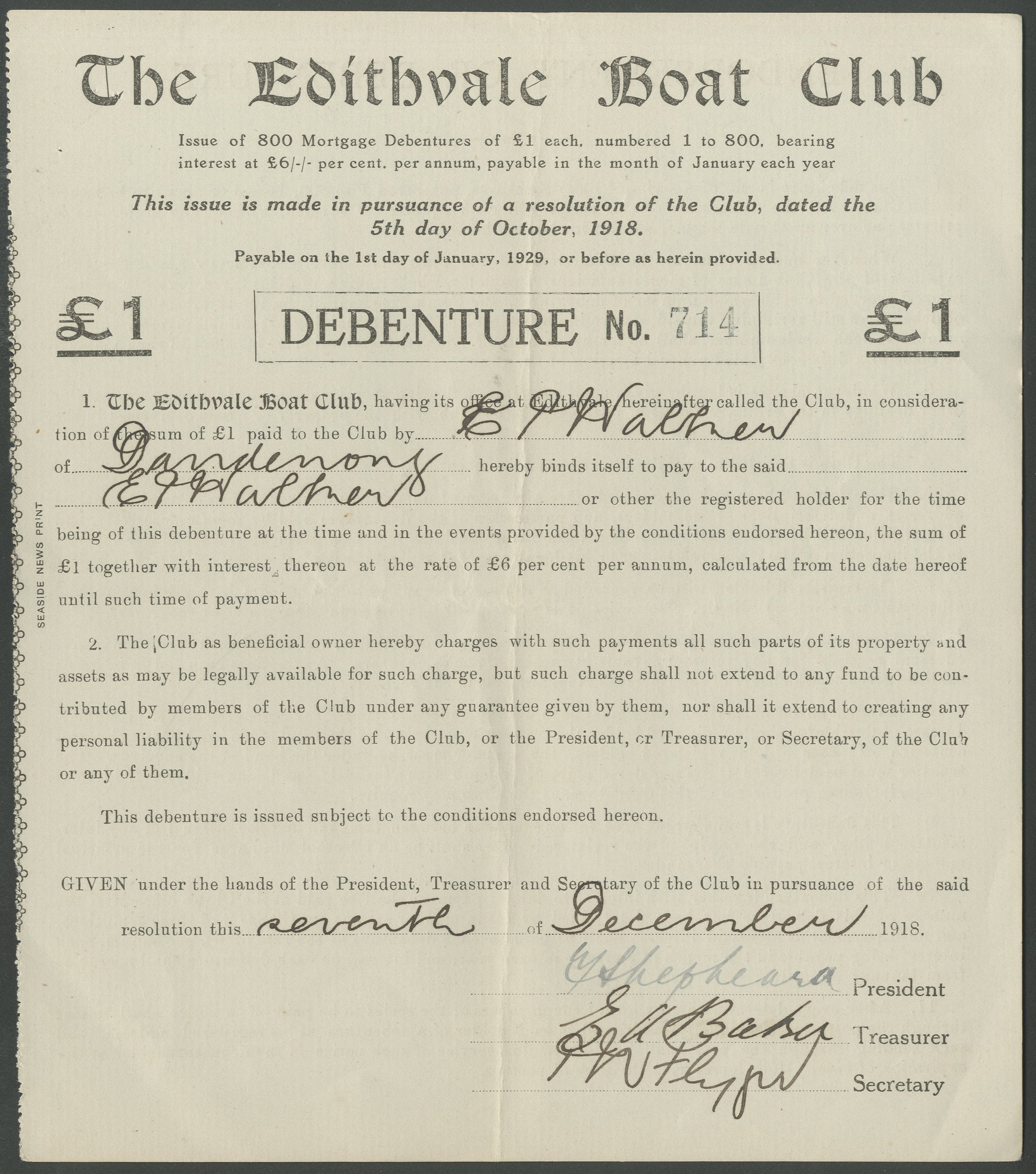 Australia Edithvale Boat Club, £1 debenture, 1918 M Veissid & Co.