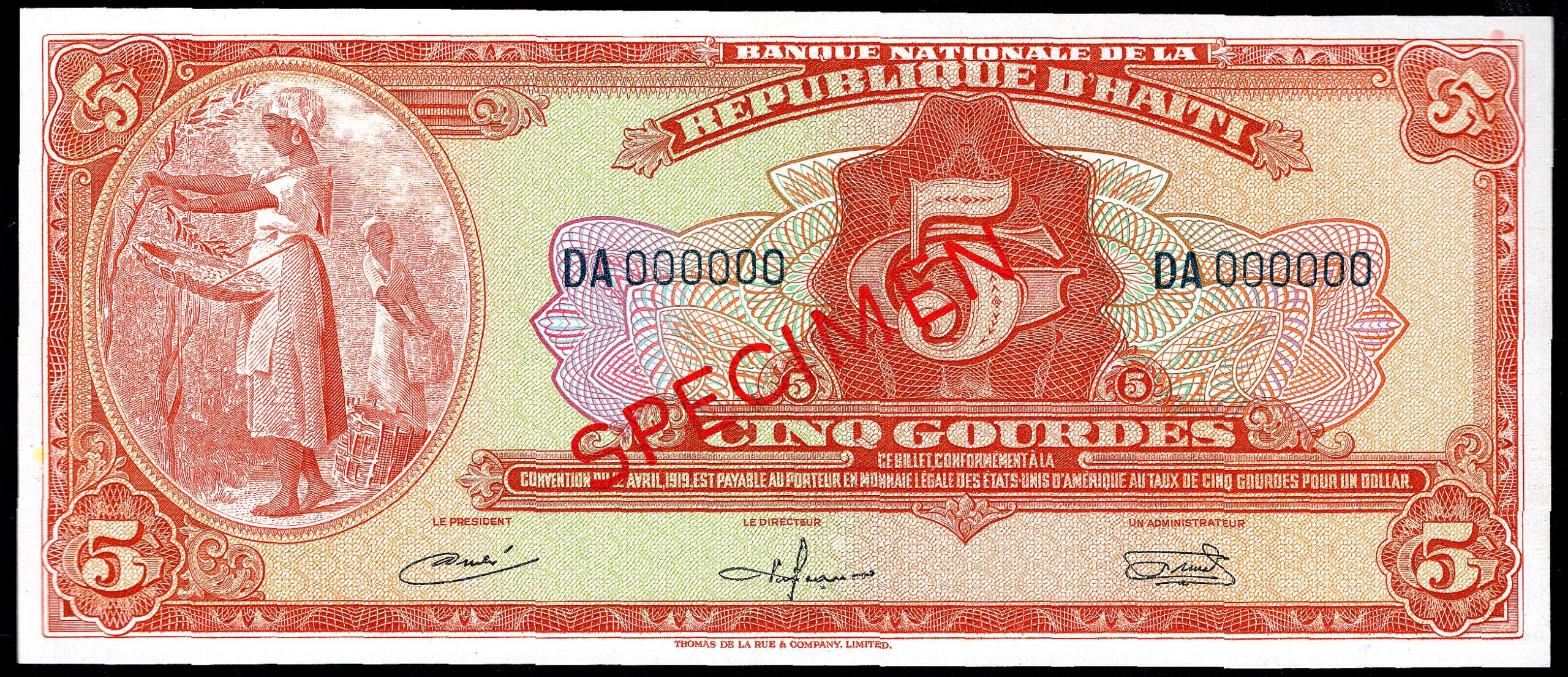 Haiti, Banque Nationale, 5 gourdes (1967), specimen DA 000000 (WPM 192s