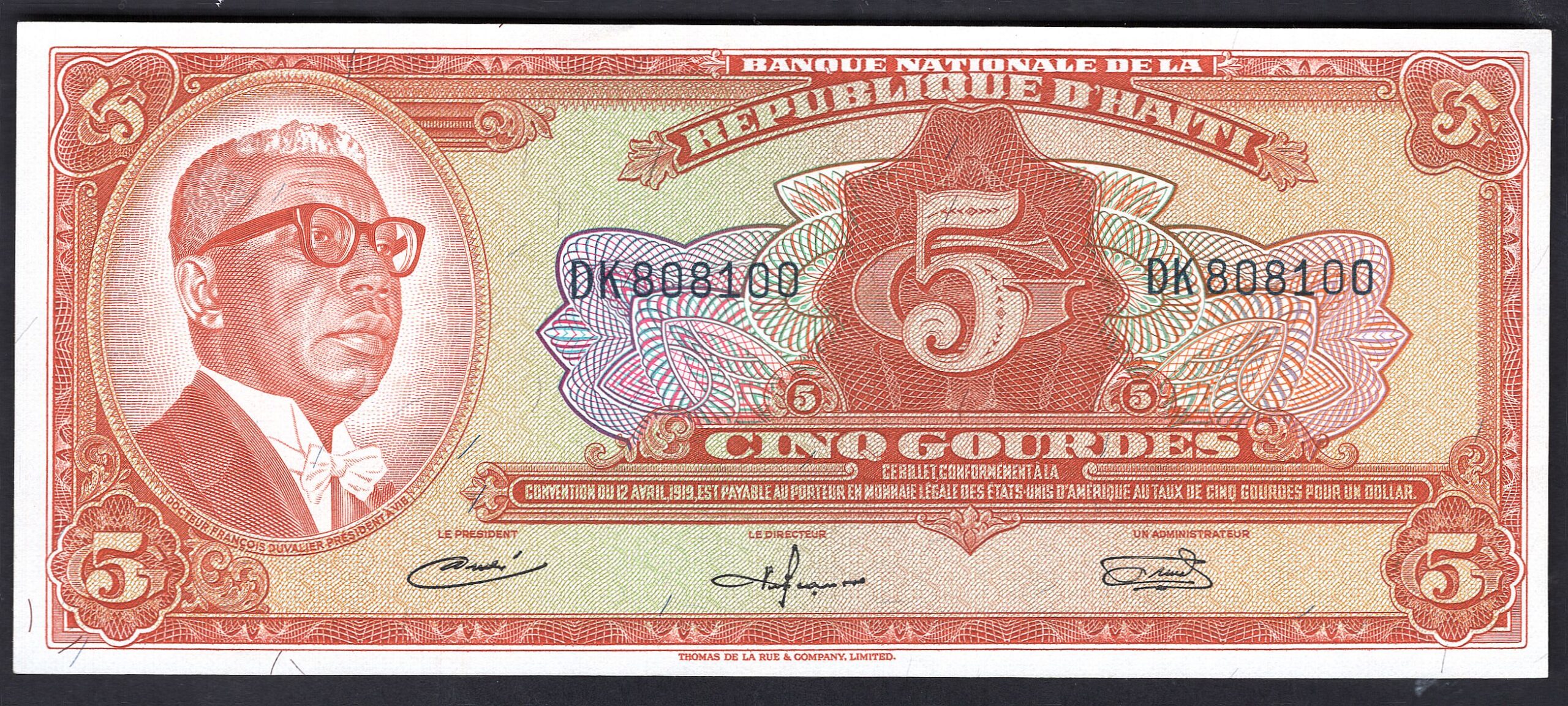 Haiti, Banque Nationale, 5 gourdes, L.1919 (1968) (WPM 198a). AUUNC