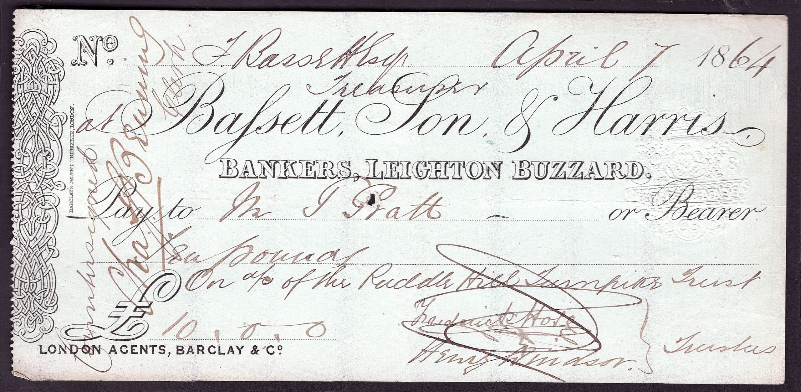 Bassett, Son, & Harris, Bankers, Leighton Buzzard, used cheque, 18[64