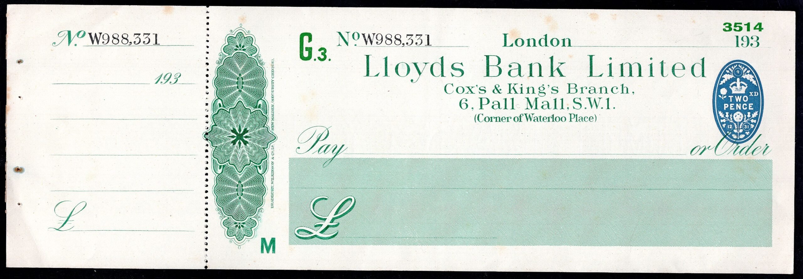 Lloyds Bank Limited, Cox's & King's Branch, Pall Mall S.W.1. 19[39