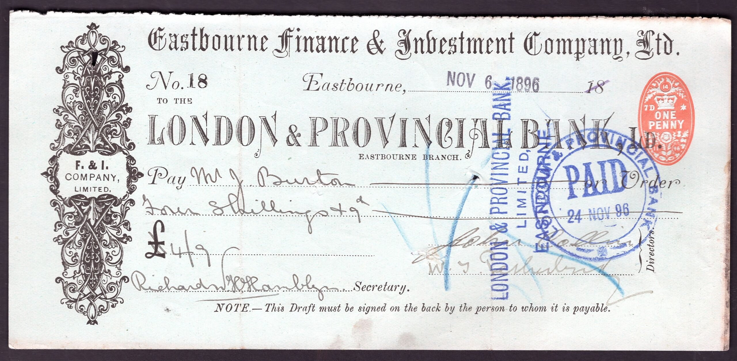 London & Provincial Bank Ltd, Eastbourne, special cheque for Eastbourne