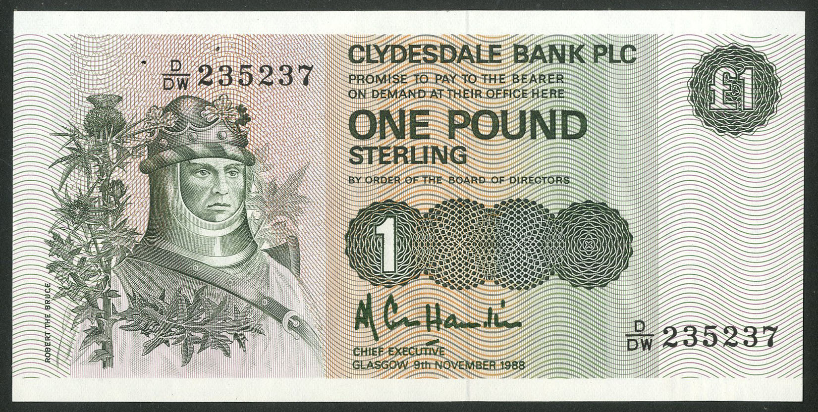 Scotland, Clydesdale Bank PLC, £1, 9th November 1988, UNC M Veissid & Co.