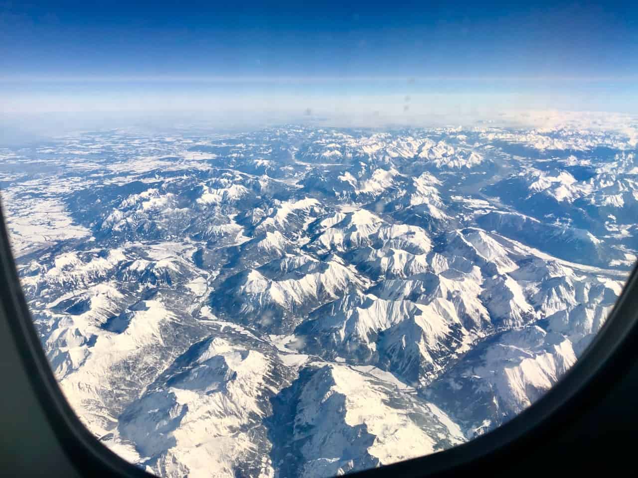 Spectacular view of the European Alps from a plane window