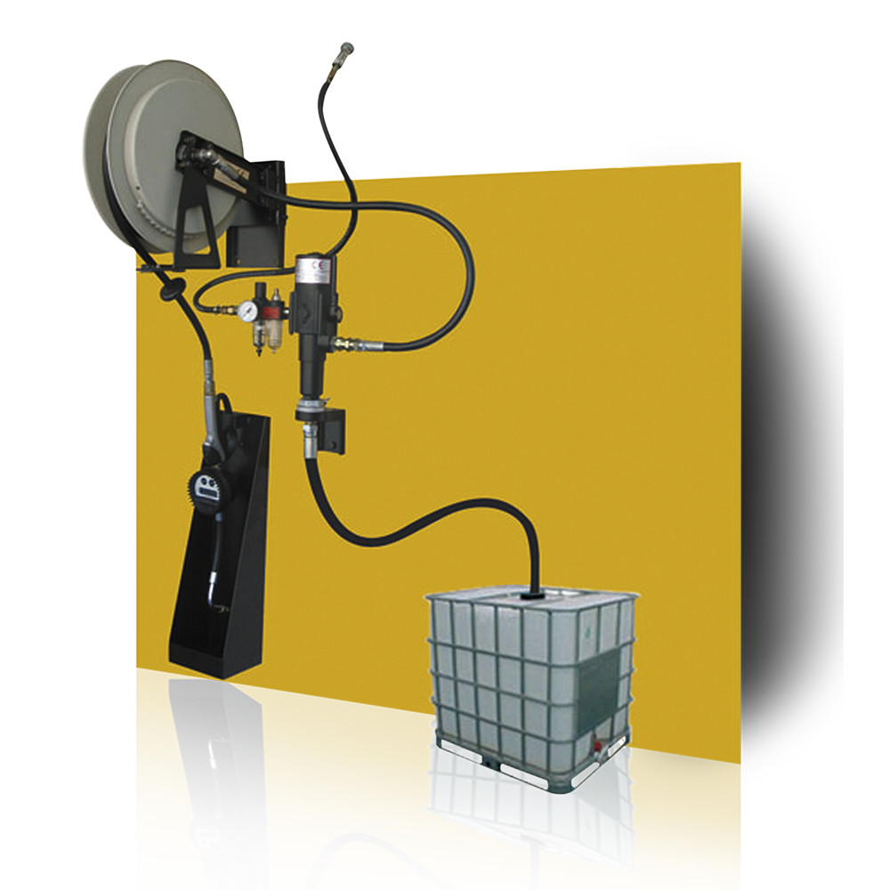 Oil dispenser set for 1.000 L tank, open hose reel, antidrip tray