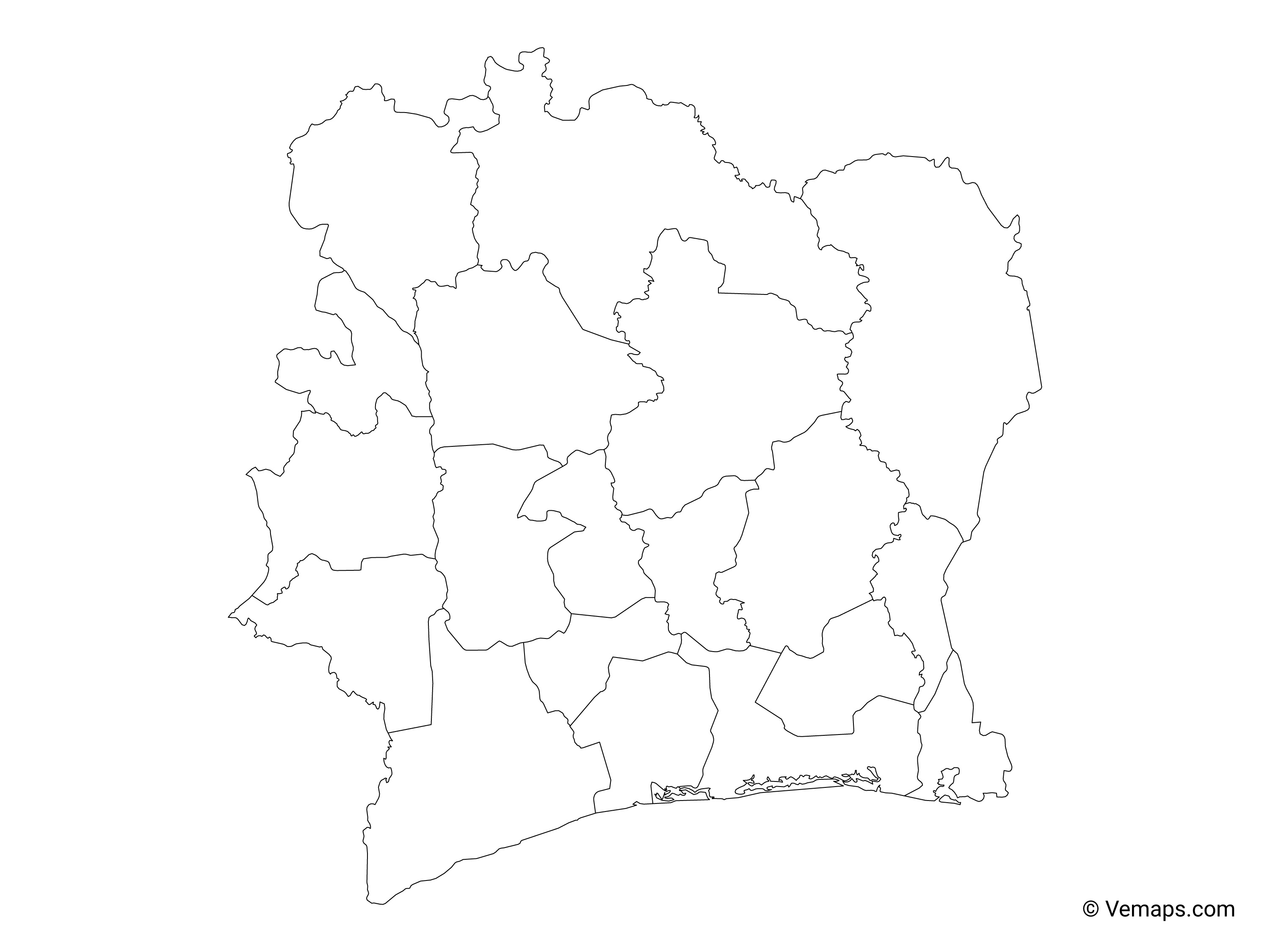 Outline Map of Ivory Coast with Regions Free Vector Maps