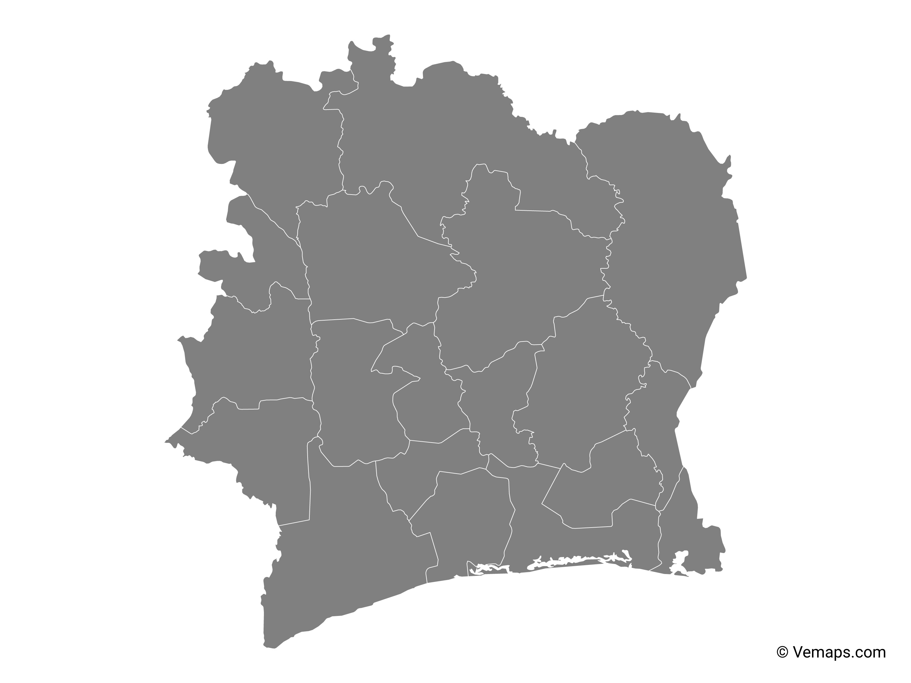 Grey Map of Ivory Coast with Regions Free Vector Maps