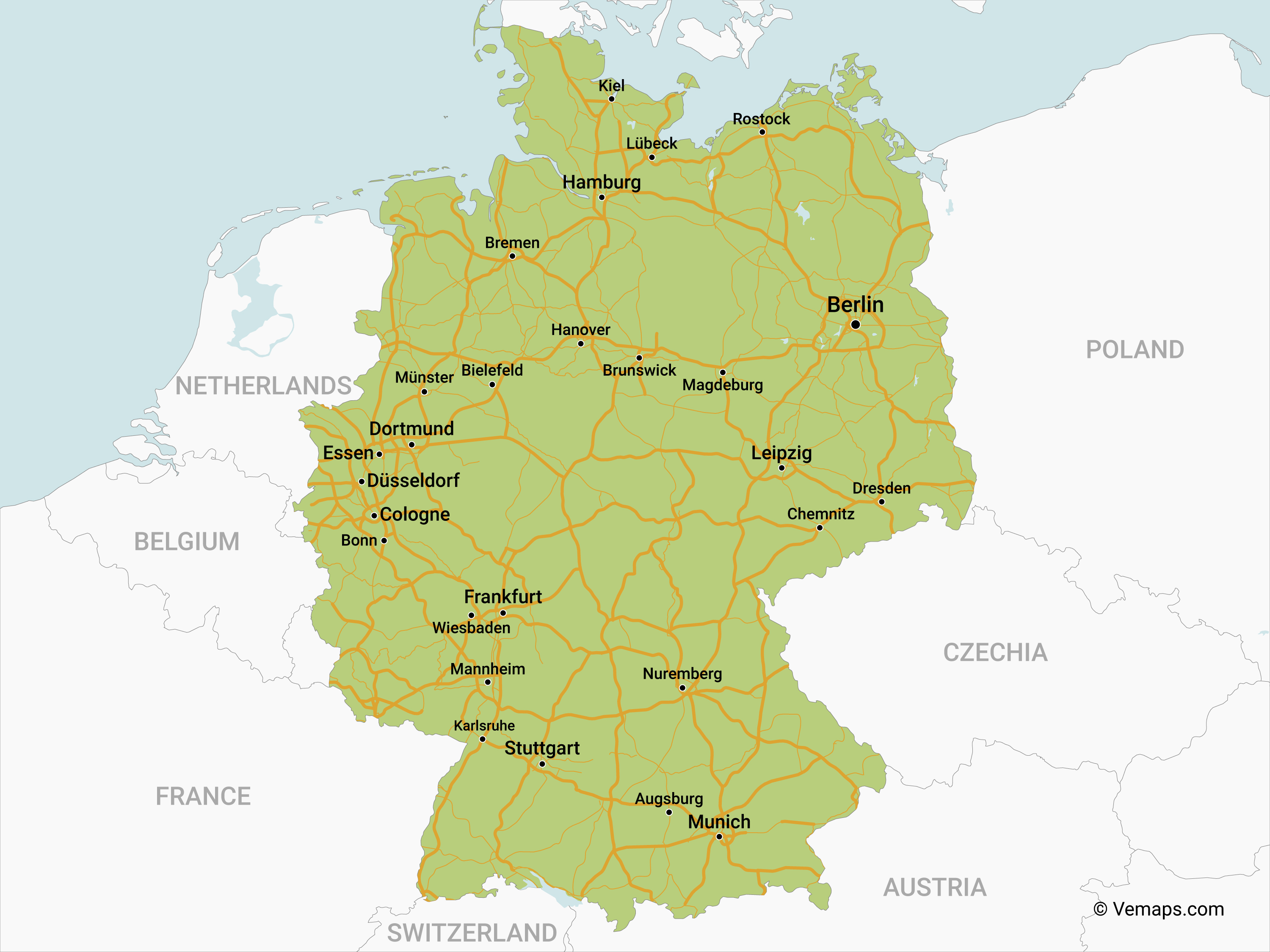 Map of Germany with Roads and biggest Cities Free Vector Maps