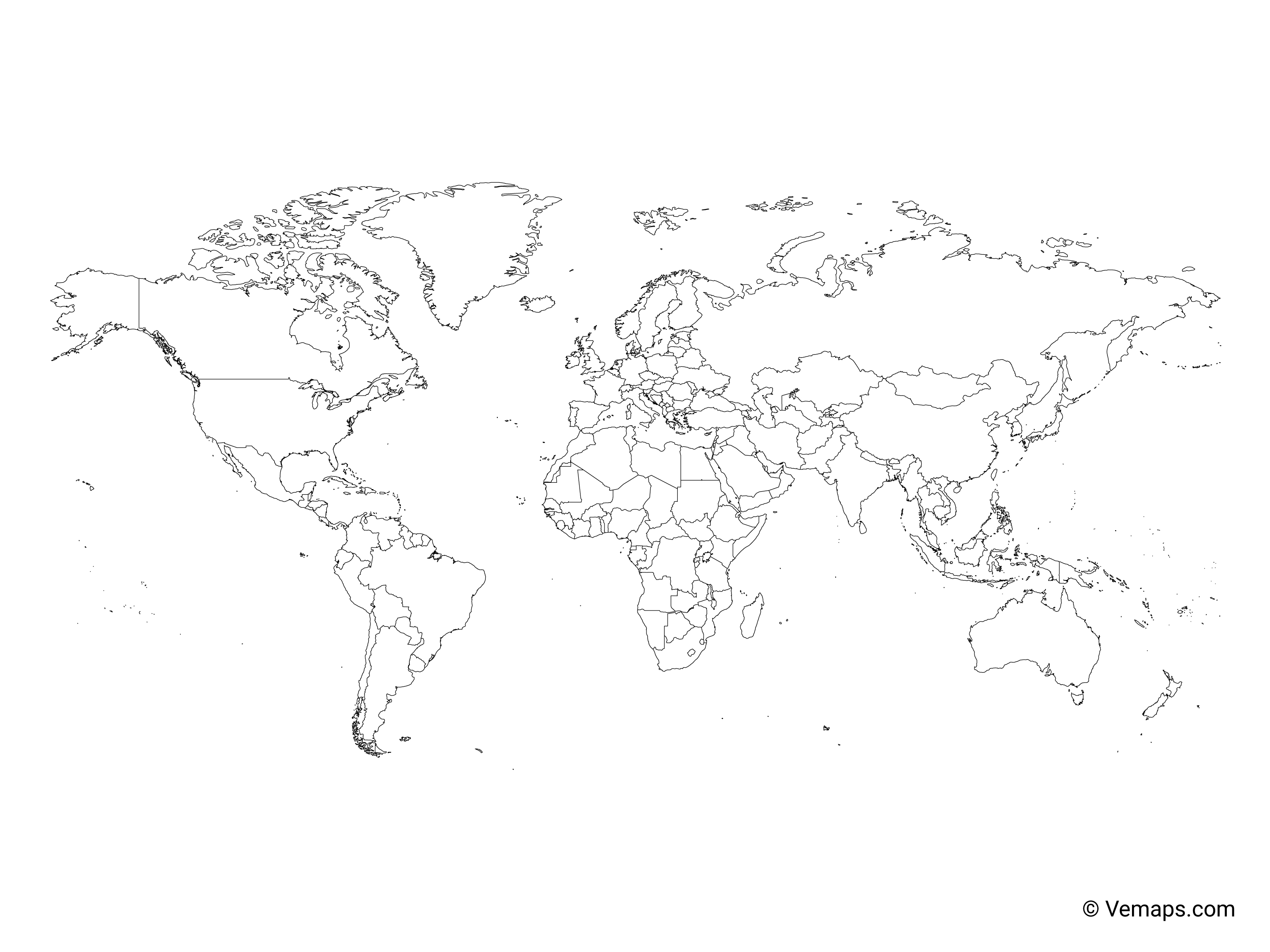 Outline Map of the World with Countries - Miller projection | Free