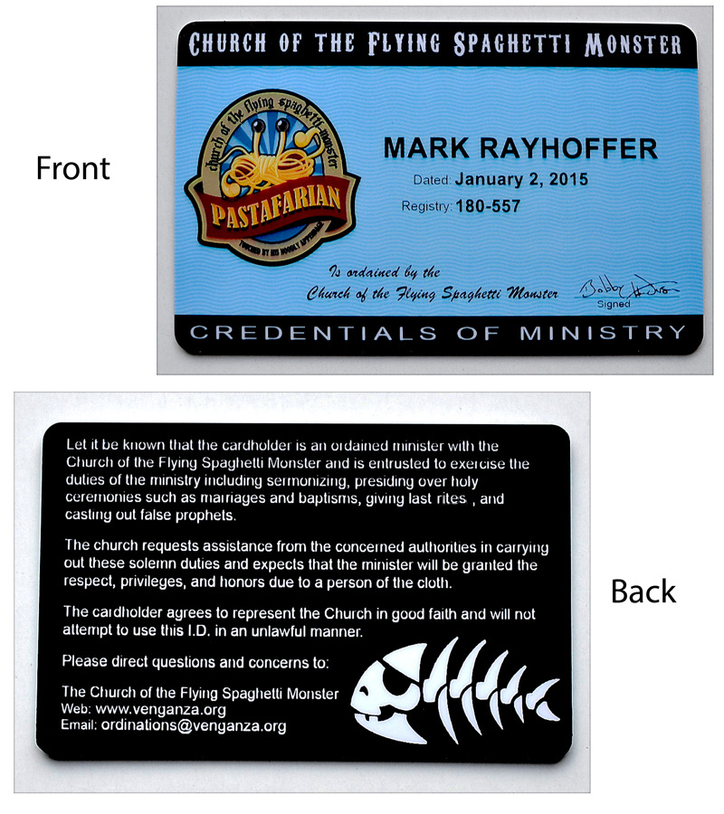 Church of the Flying Spaghetti Monster Certificates of Ordination