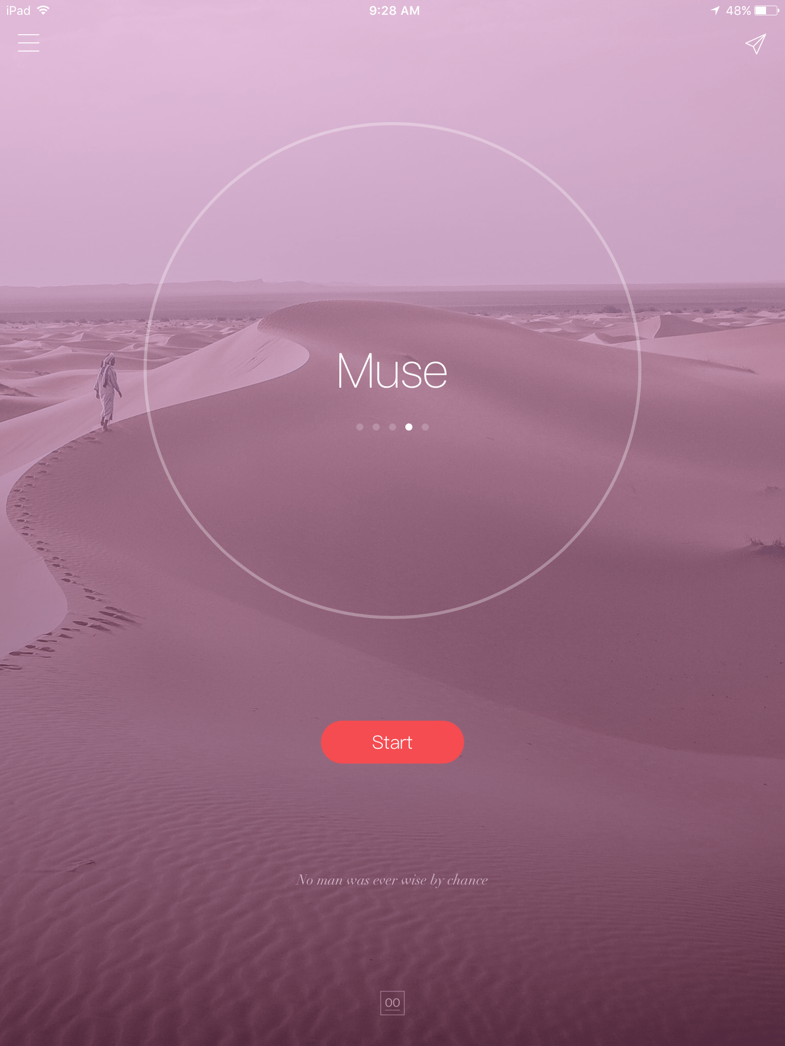 Minimal Interface. When you press the start button, a timer starts which is displayed in the circle. After every 25 minutes, there is a break of 5 minutes. The timer can be paused or stopped any time. Notice the inspirational quote at the bottom.
