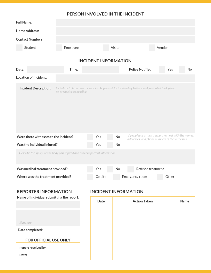 Safety Incident Report Form Template