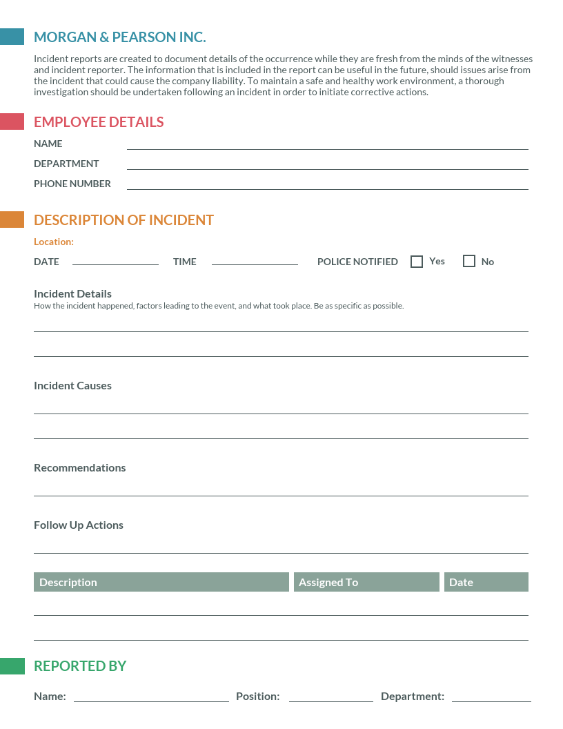 Safety Incident Report Form Template