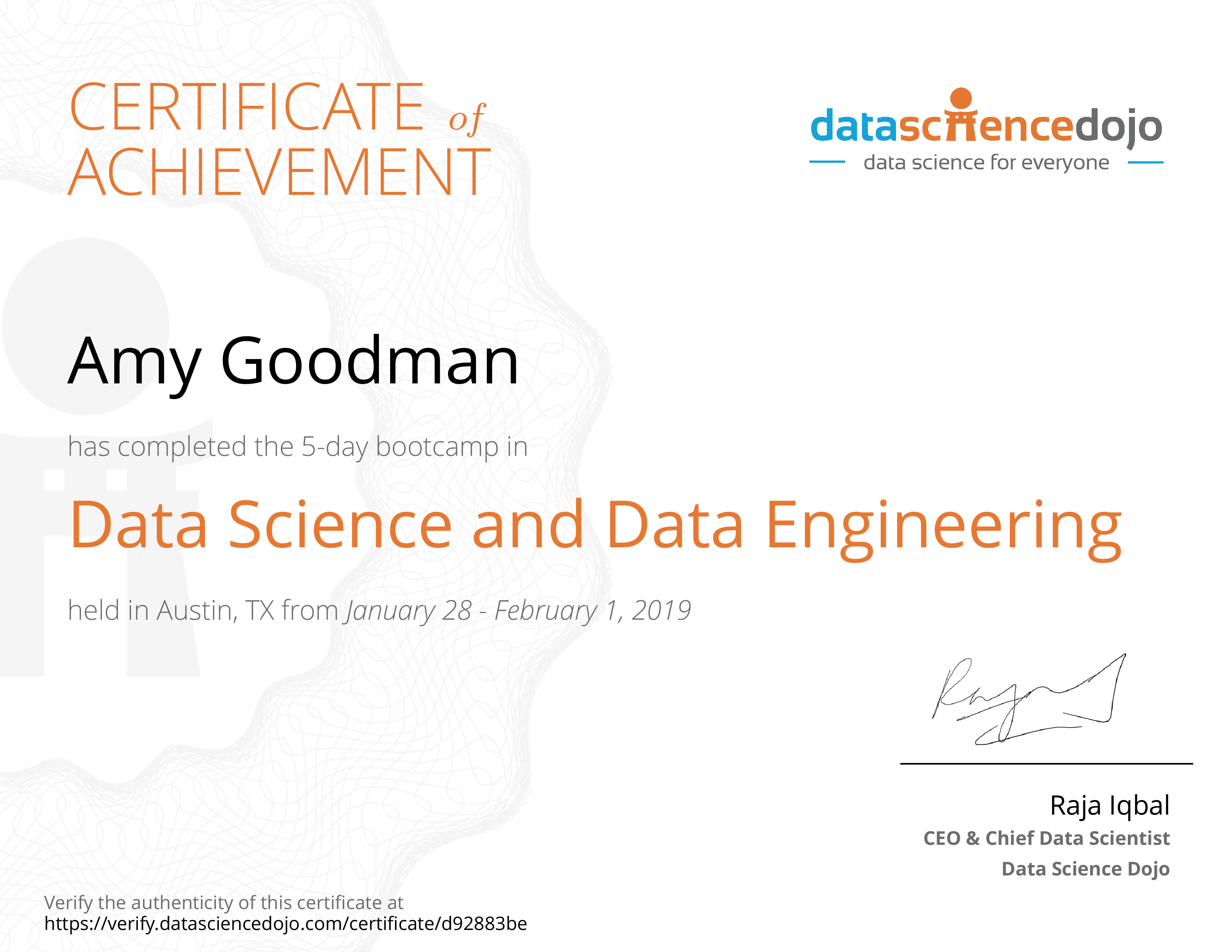 Amy Goodman's Certificate Data Science Dojo