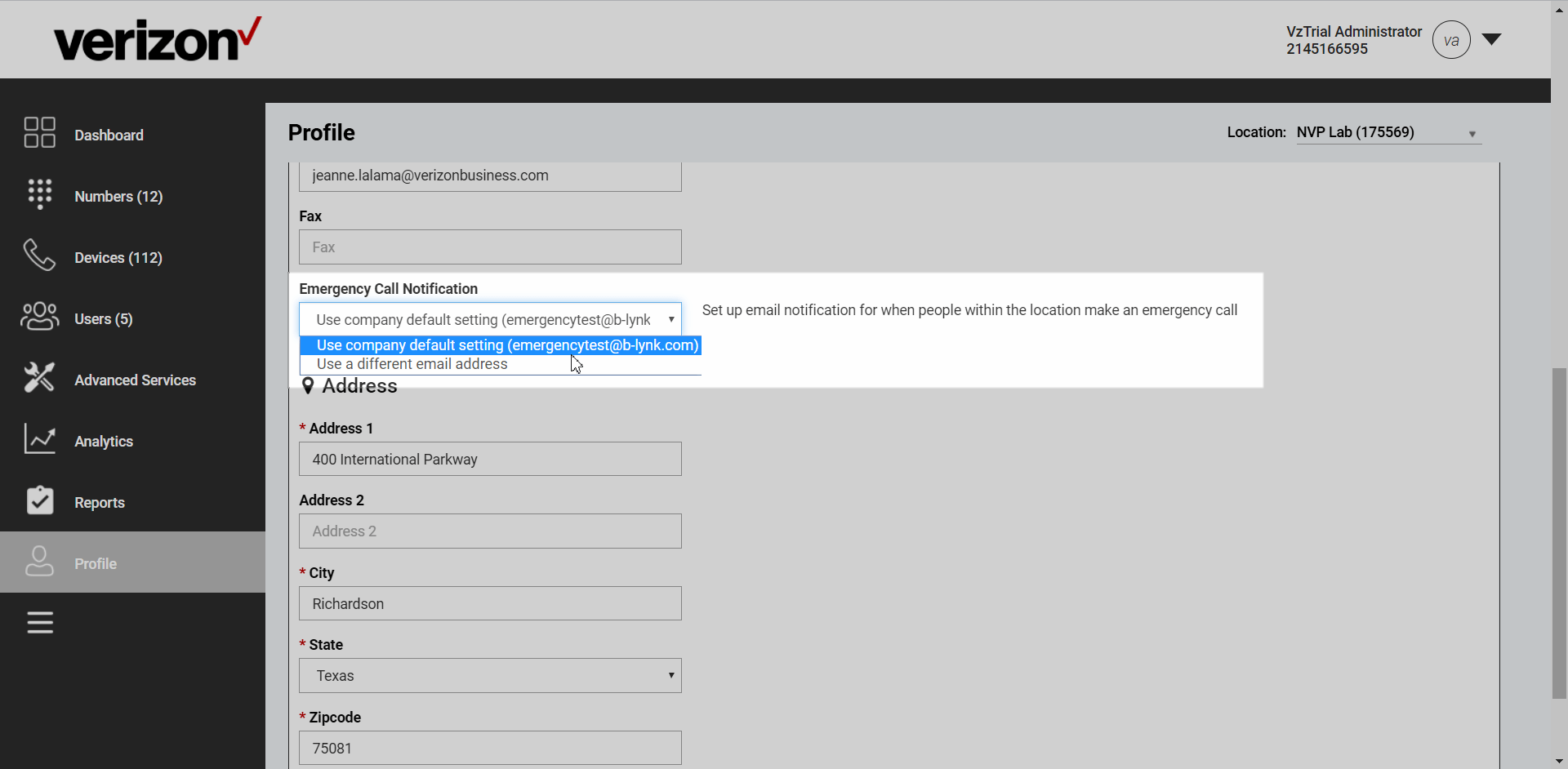 Calling Admin Portal – Emergency Call Notification - Verizon