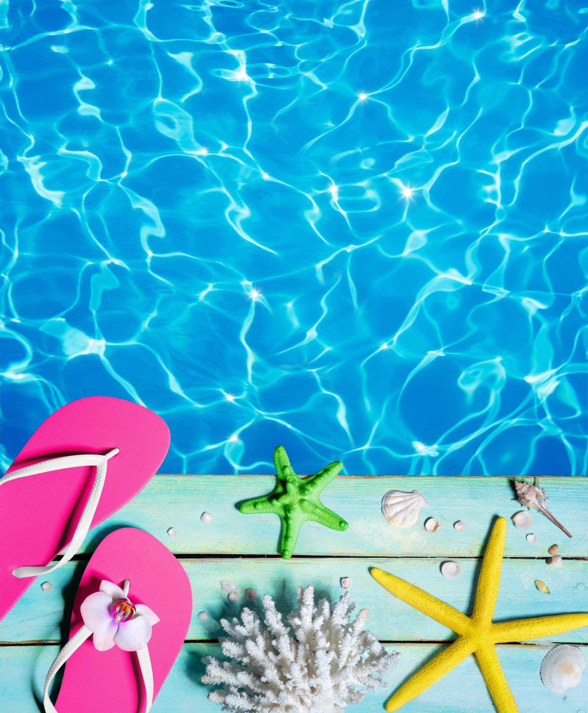 flipflop, starfish, seashells and coral on wooden plank and pool