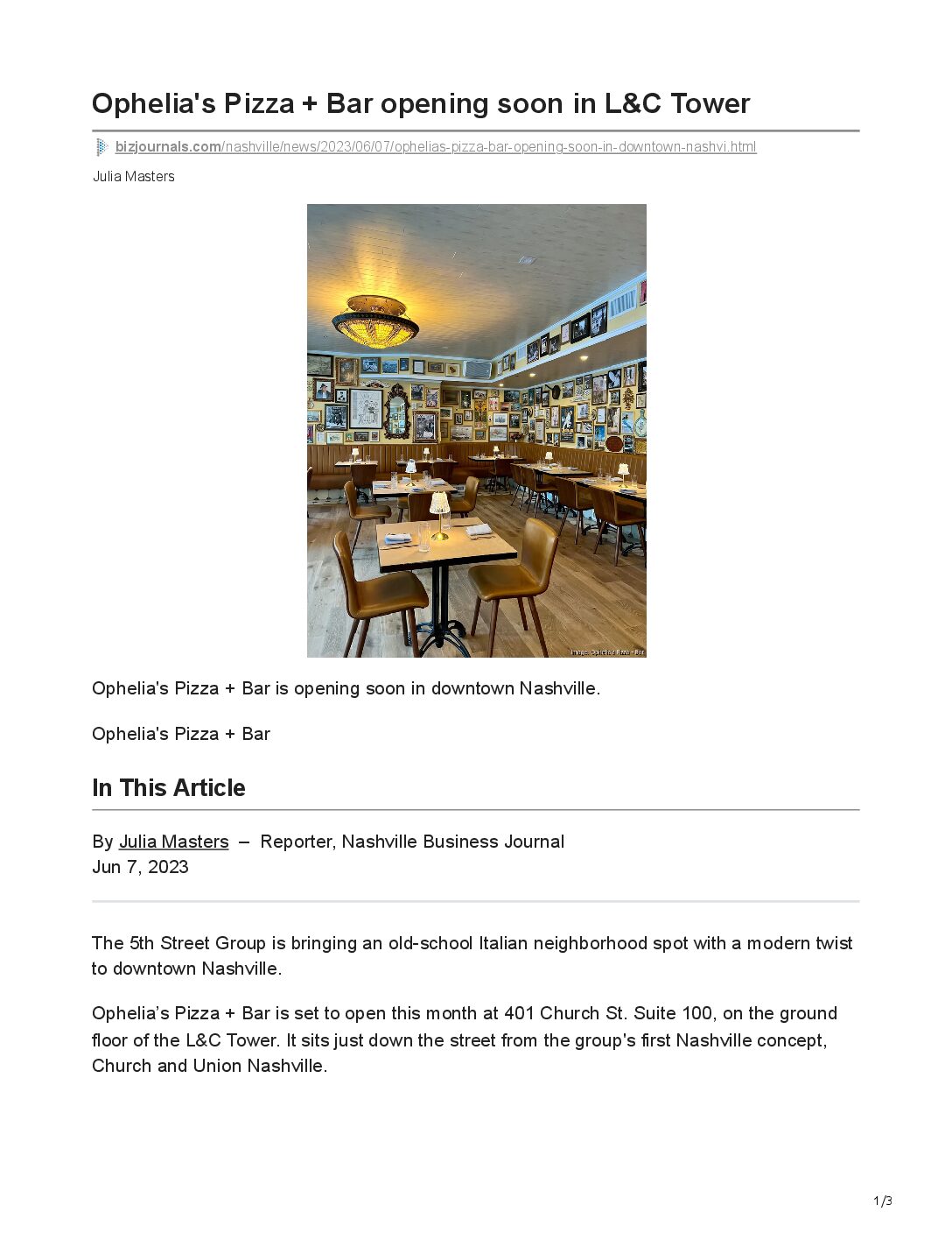 Ophelia’s Pizza + Bar Opening Soon in L&C Tower Vertically Built