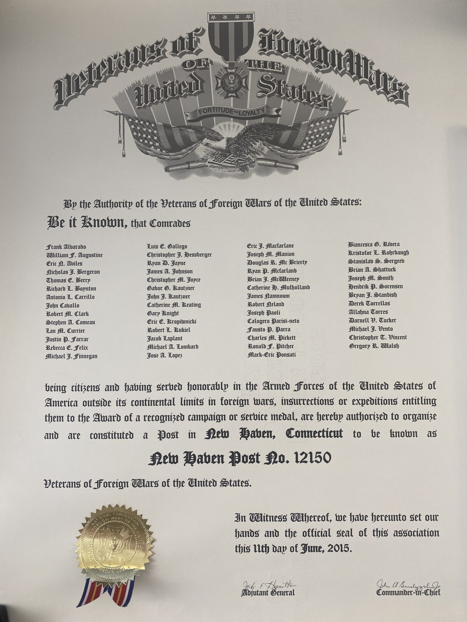 VFW New Haven Recognized 5th Anniversary of Charter VFW New Haven