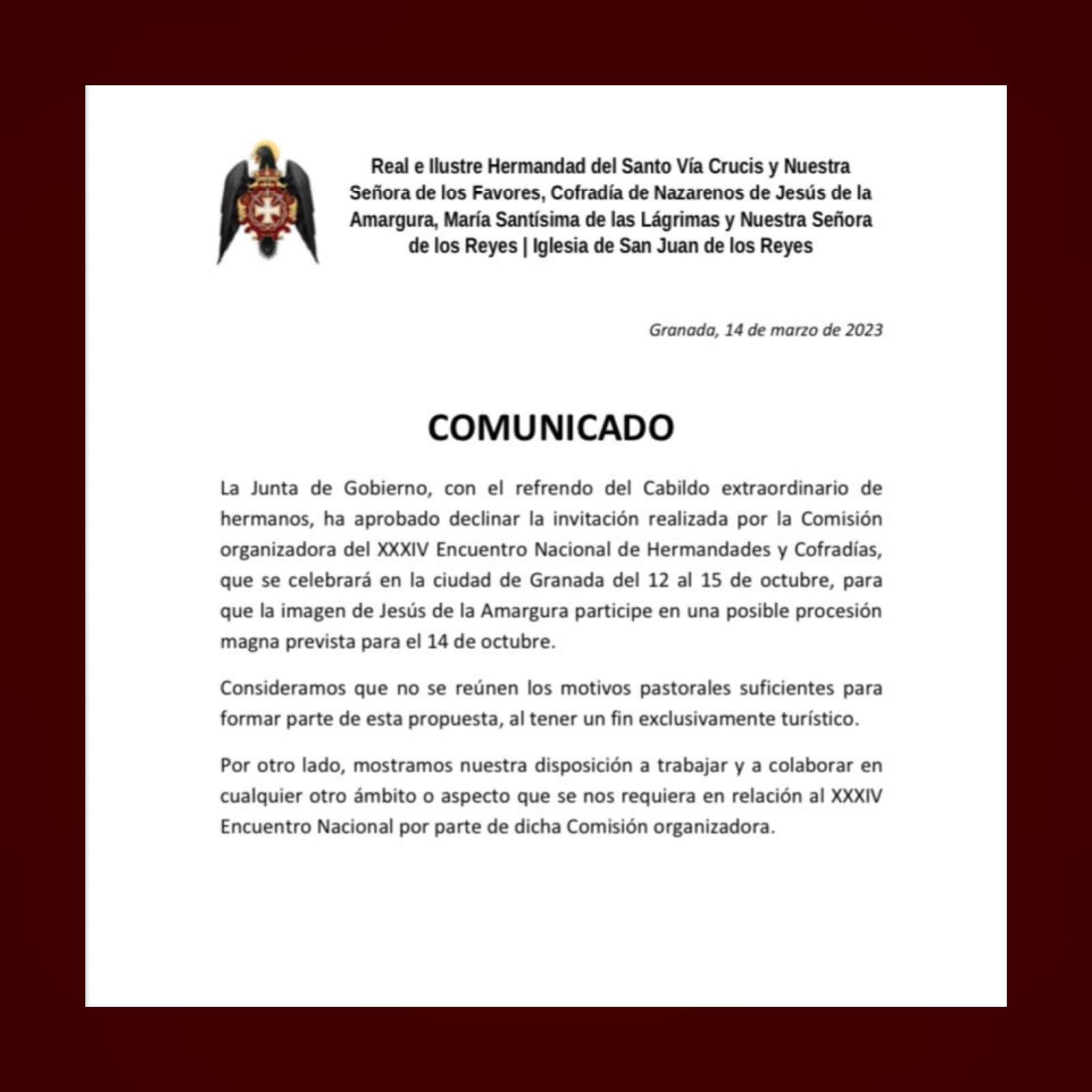 Comunicado: Decisión sobre la invitación a participar en una posible procesión magna el 14 de octubre