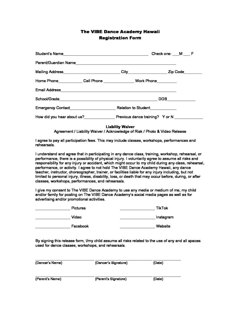Liability Waiver Vide Dance Academy Hawaii