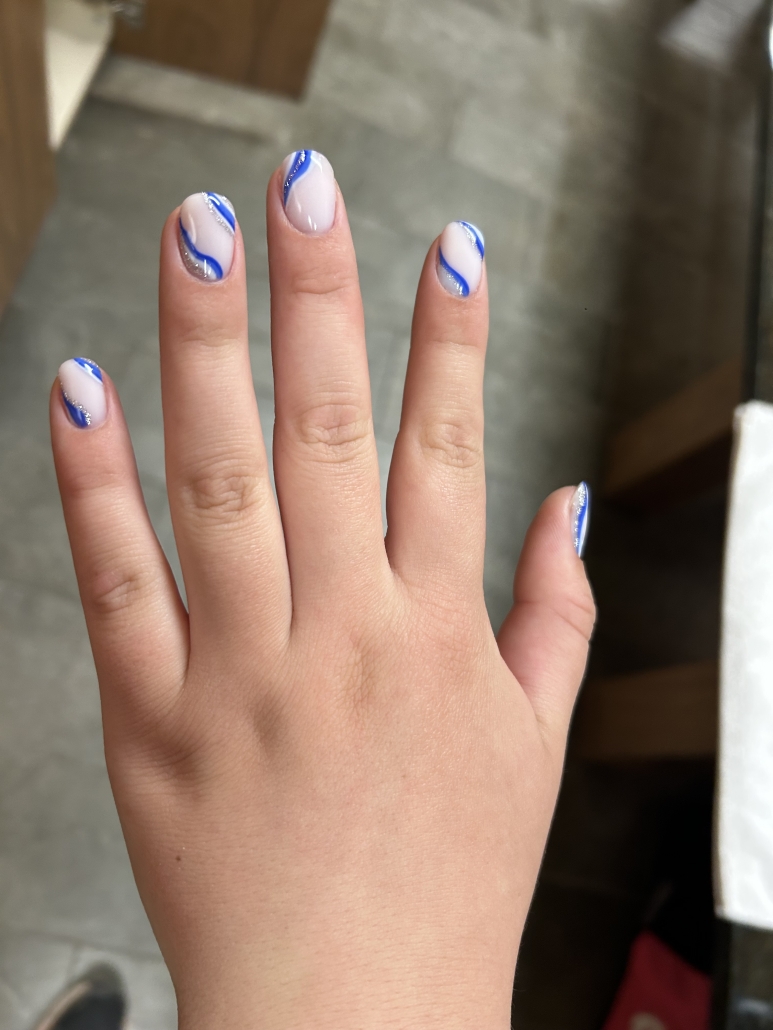 Short White Nails with Blue and Silver Swirls Vibrant Guide
