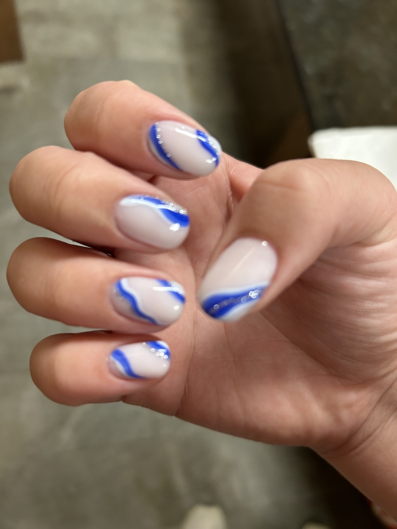 Short White Nails with Blue and Silver Swirls Vibrant Guide
