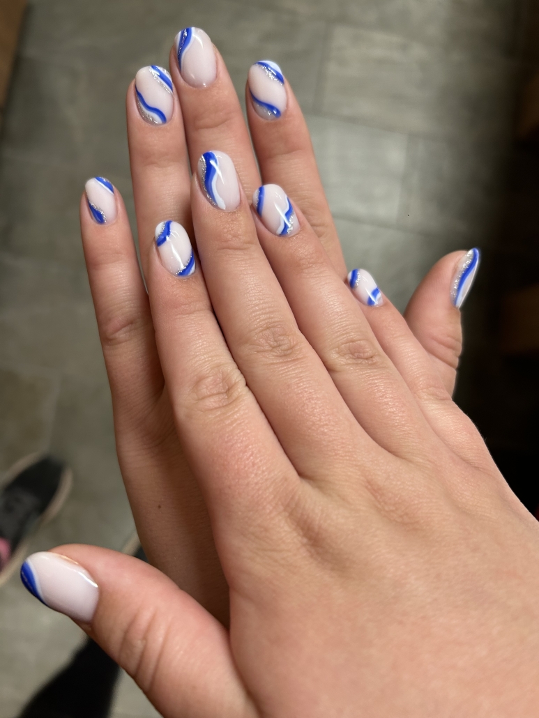 Short White Nails with Blue and Silver Swirls Vibrant Guide