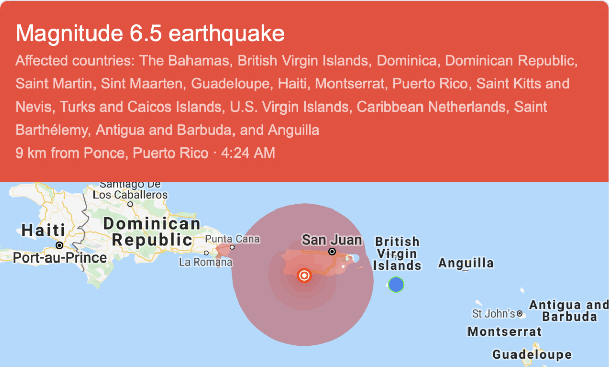 Earthquake in Puerto Rico Affects Virgin Islands, Other Caribbean