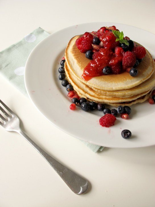 Brown Sugar Bejewelled Pancake Stack with Strawberry Vanilla Sauce